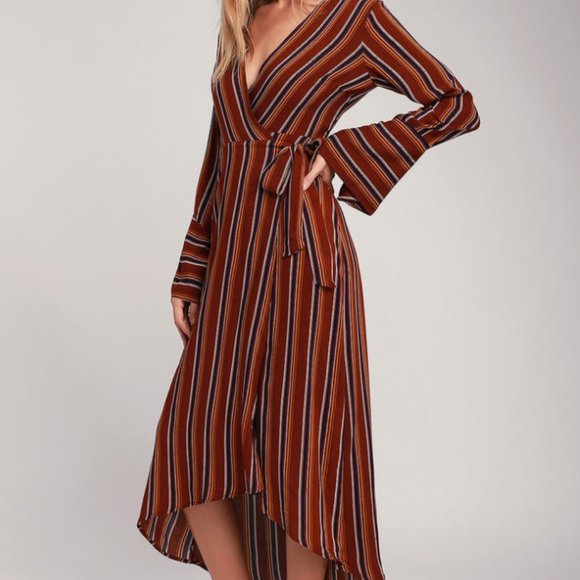 Appleton Rust Red Striped Long Sleeve Wrap Midi Dr - Picture 1 of 7
